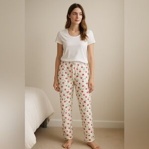 Cuddledown Cherry Print Pima Cotton Pajama Pants White Red Size Medium
